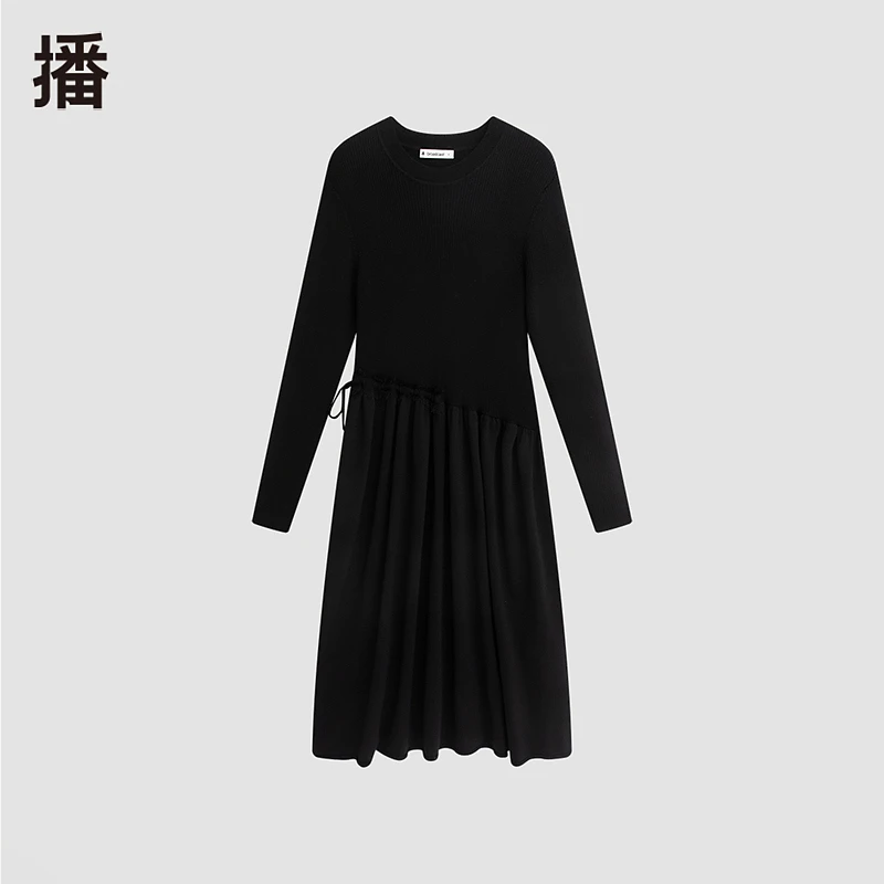 【达人专属】反季-播气质连衣裙长袖拼接黑色简约圆领BDQ4LD1220