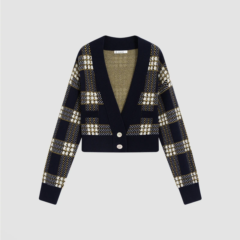 播春新款复古截短造型彩色格纹针织开衫女BDQ1UD0469