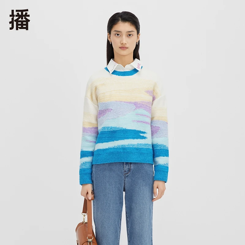 【达人专属】播秋季宽松休闲提花醒目撞色圆领毛针织衫DDQ4SD5603