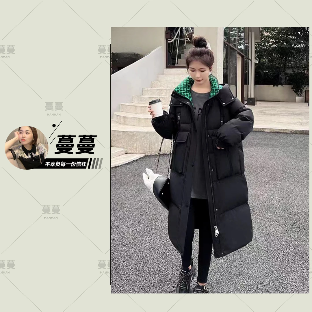 羽绒服女冬季中长款连帽韩版棋盘格加厚外套YR006