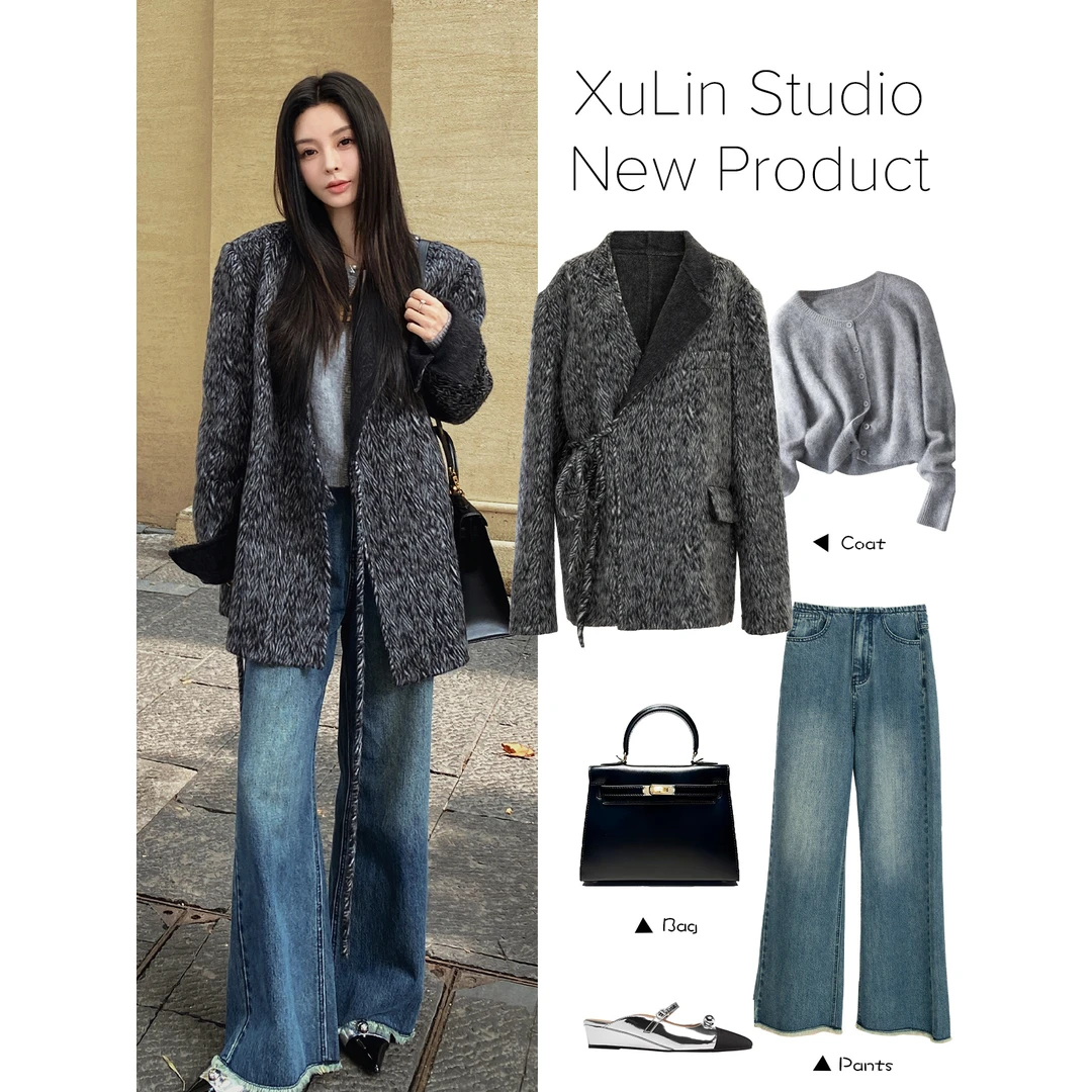 MINI STUDIO徐琳 做旧水洗蓝高腰垂感宽松显瘦阔腿裤x240543