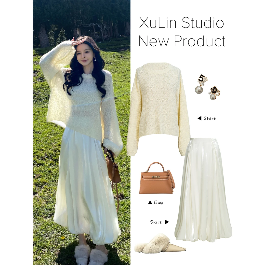 MINI STUDIO徐琳 慵懒感奶糯14支长毛灯笼袖针织毛衣 x240383