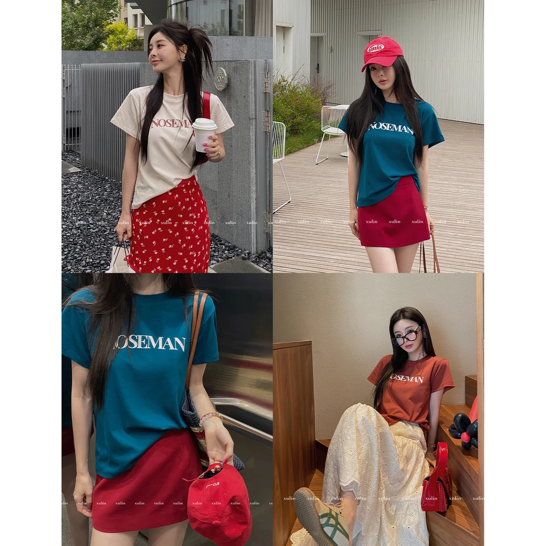 MINI STUDIO徐琳  休闲莫兰迪复古色系字母印花多色T恤 x240229