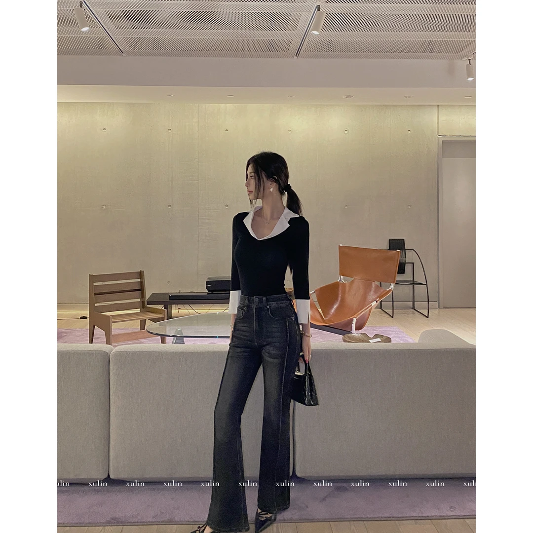 MINI STUDIO徐琳修身大长腿多裁片拼接高弹牛仔微喇裤 x230246