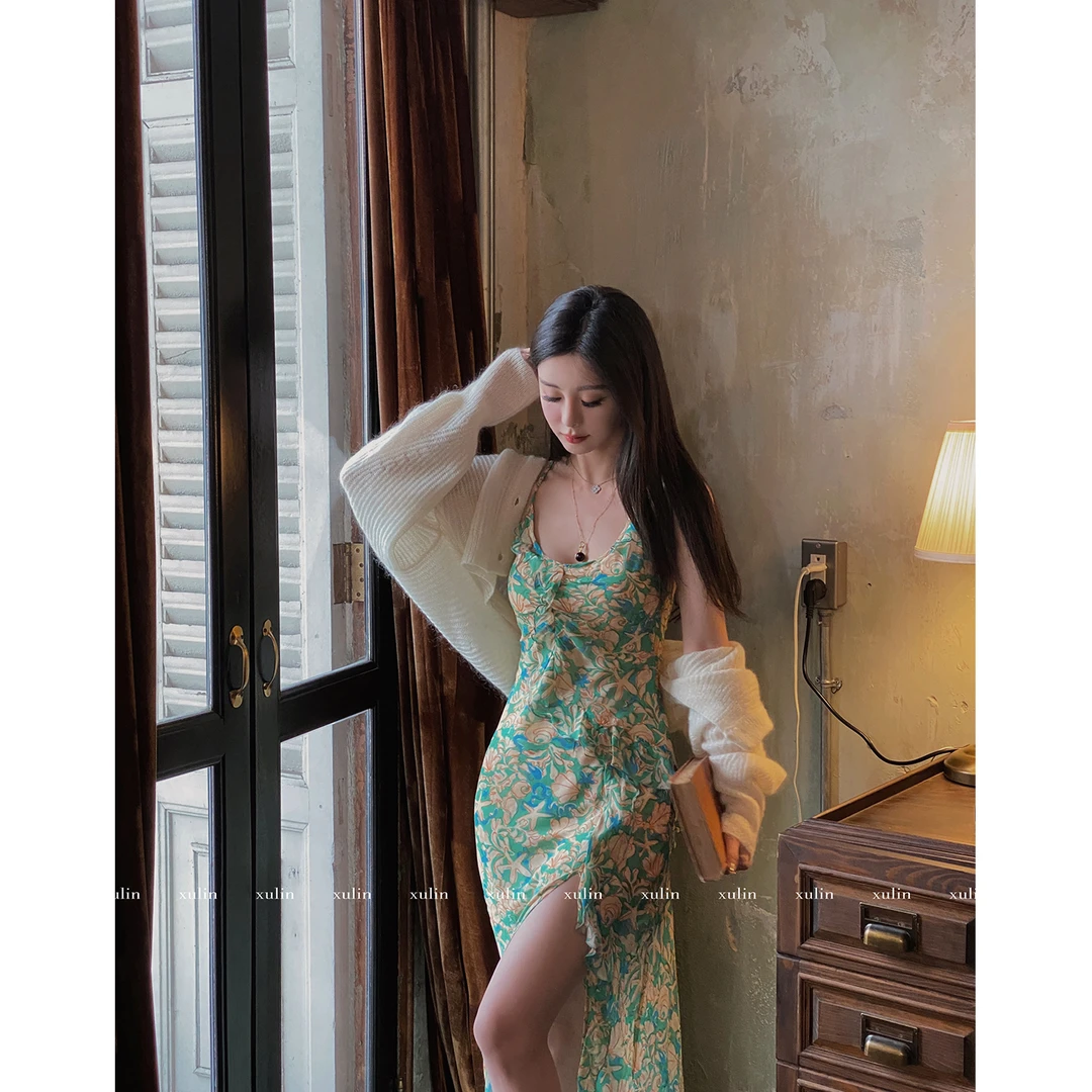 MINI STUDIO徐琳「风月海棠」花野迷踪/松石蓝绿碎花吊带裙 x240041