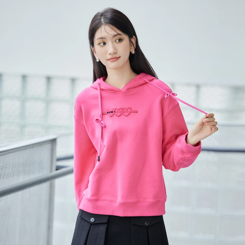 风笛2024冬季新款连帽卫衣女韩版花卉刺绣帽衫宽松休闲打底衫