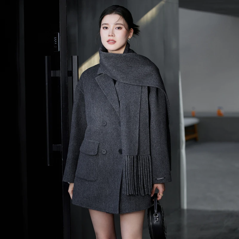 风笛2024冬季新款常规沙丘废土风灰色冬季毛呢外套极简风纯色秋冬