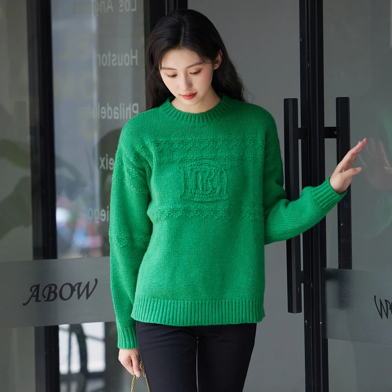 风笛2024冬季100绵羊毛圆领套头毛衣绿色显摆中长款针织毛衣女