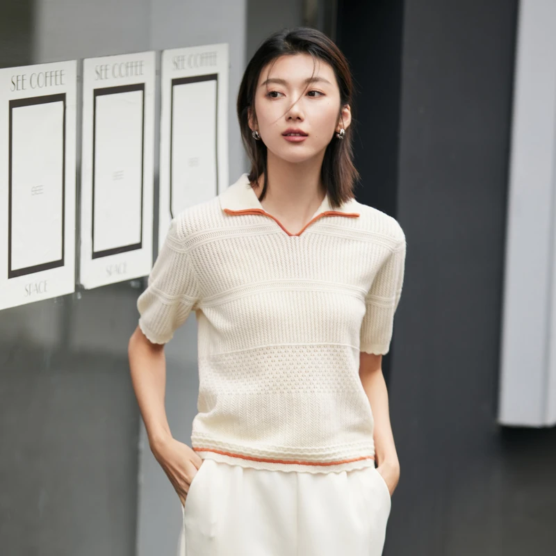 风笛2023秋季新款针织衫女百搭简约短袖羊毛衫通勤套头山上衣时尚