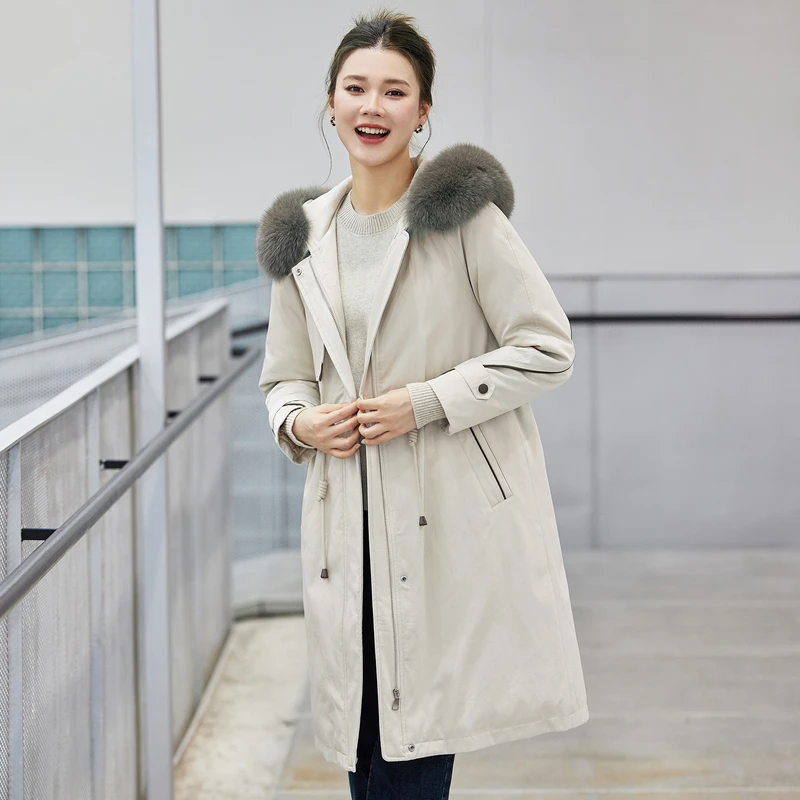 风笛2024冬季新款鹅绒羽绒中长款连帽大毛领收腰显瘦派克服