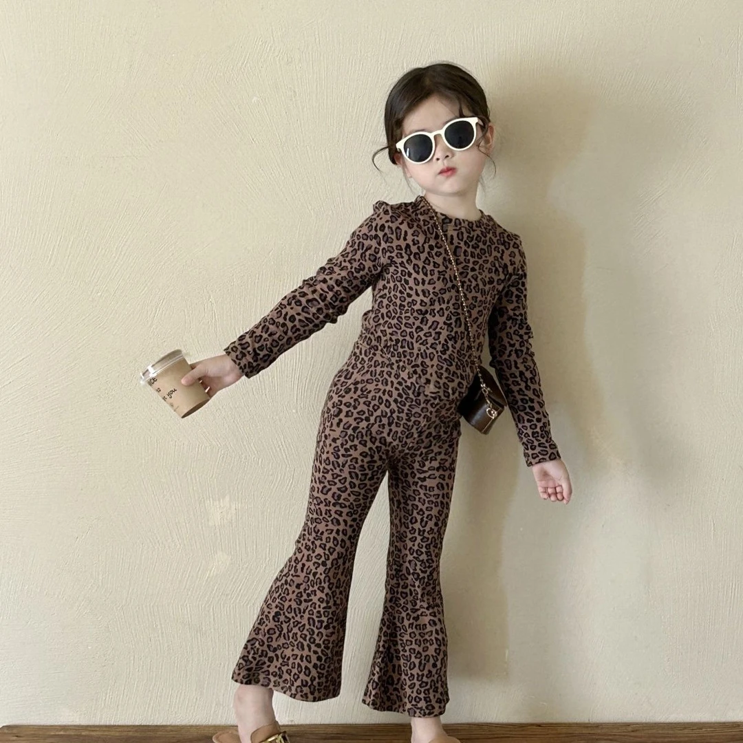 韩系童装女宝宝豹纹套装2024秋装儿童洋气款弹力针织两件套外出服
