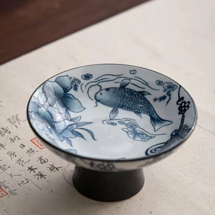 青花高脚茶点陶瓷鱼戏莲池果盘甜品碟水果盘
