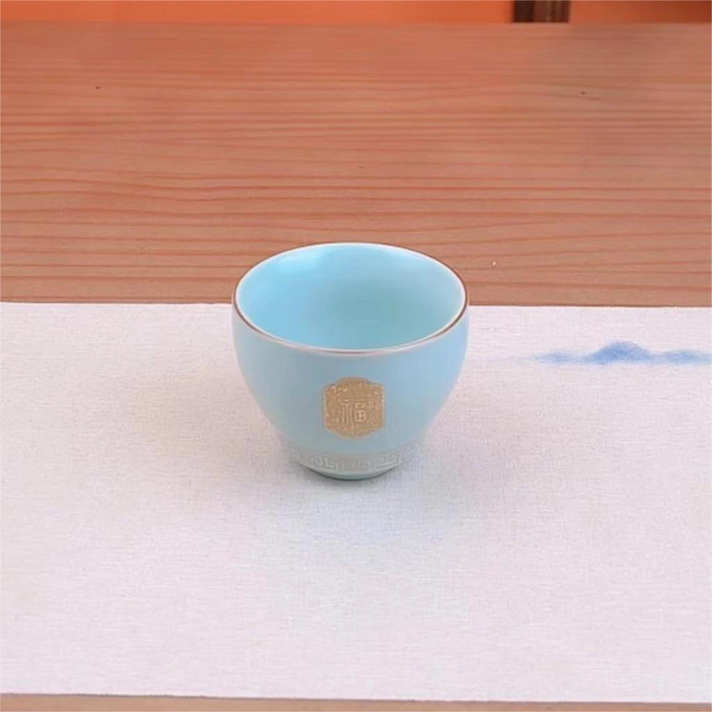 陈培明汝窑天青描金茶杯大号主人杯高档家用茶具