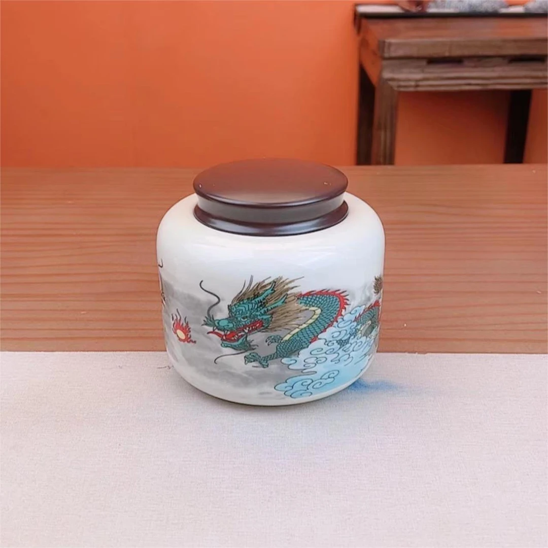 双龙戏珠式中式家用陶瓷储茶密封罐茶叶罐茶道茶具