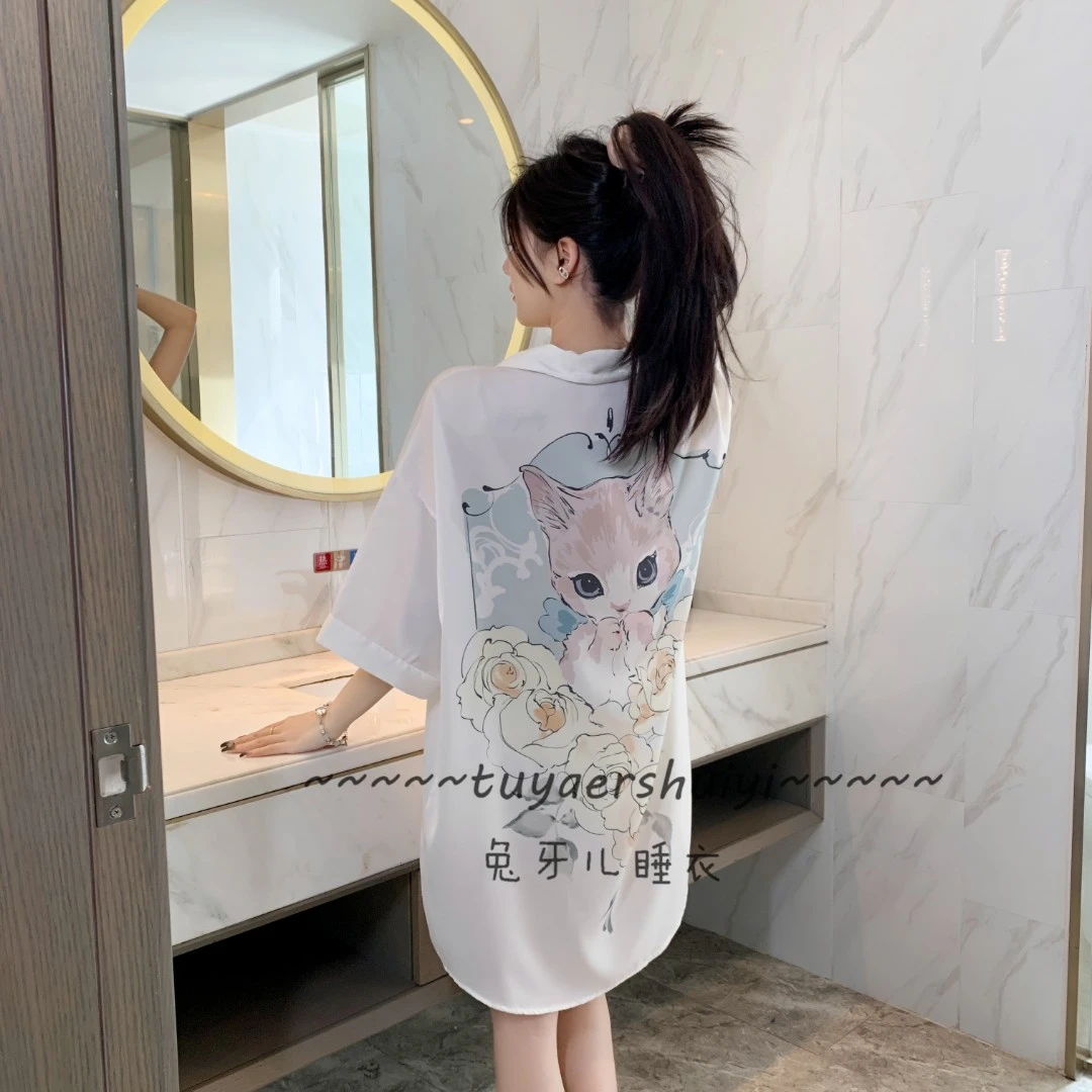 前惑冰雪丝花朵猫睡裙 休闲宽松家居服