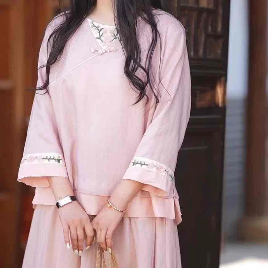 2024新款亚麻刺绣纯色上衣18353古风春夏复古