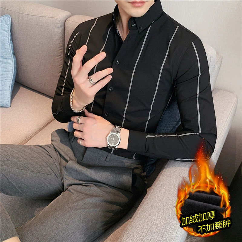 JR70加厚加绒款高品质商务定位条纹衬衫男长袖衬衣帅气百搭衬衣潮