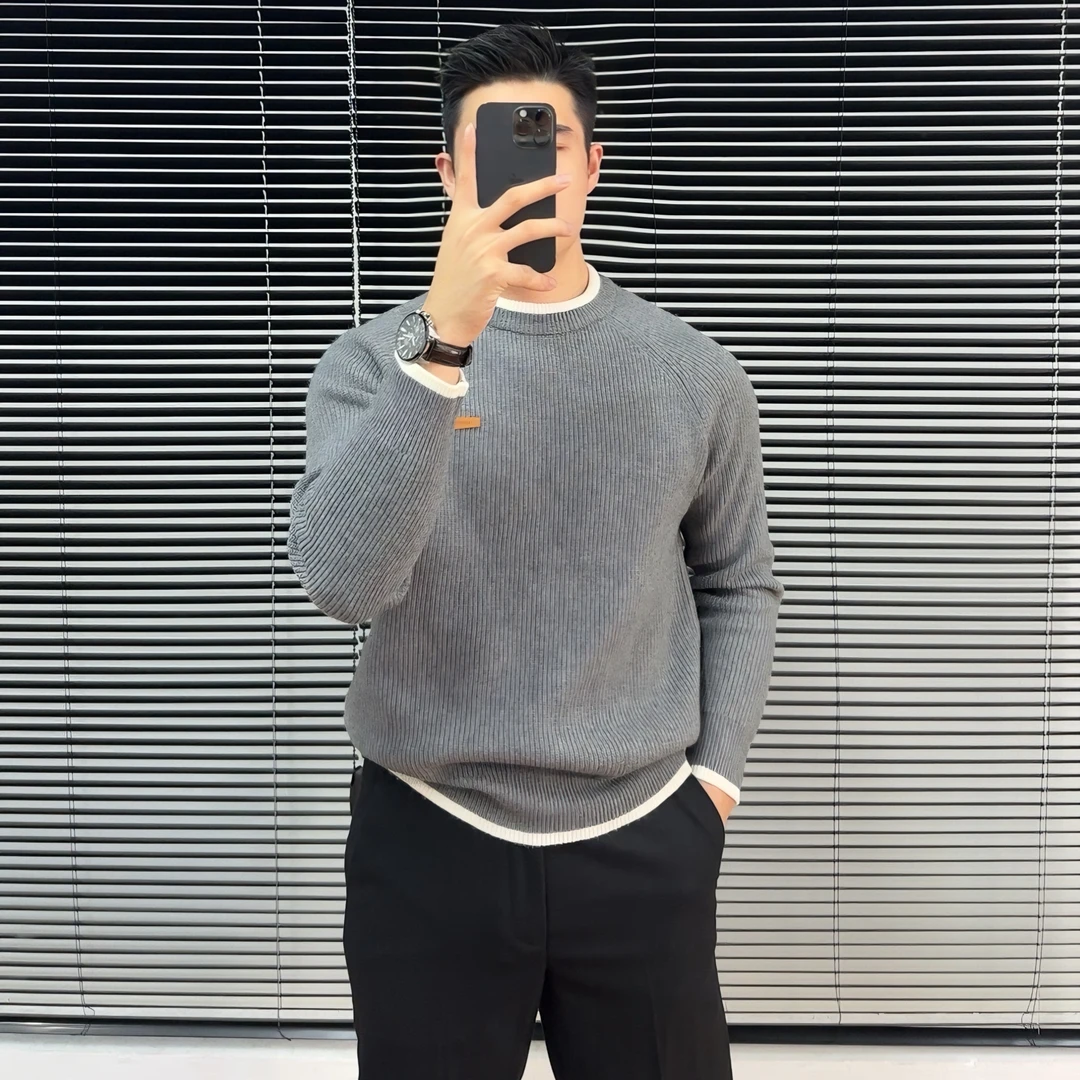 高品质毛衣男针织衫休闲简约套头毛衣圆领撞色时尚百搭男士修身潮