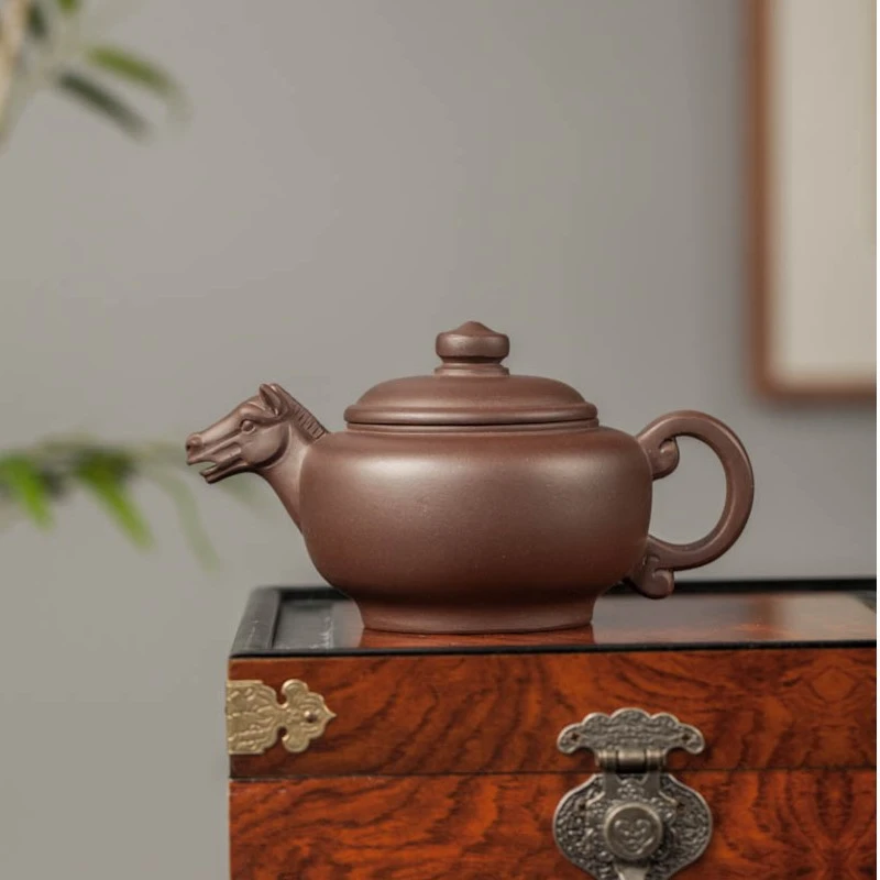 官窑紫砂一厂80年代白标期-紫12生肖之马首壶 200cc