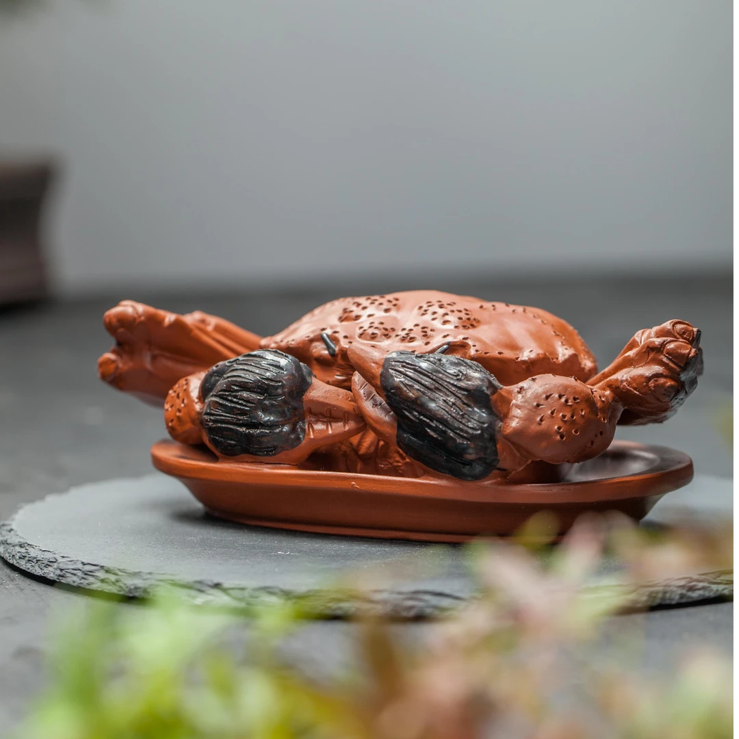 官窑紫砂一厂80年代-红小盘蟹罐 高7cm 宽18cm把件茶玩