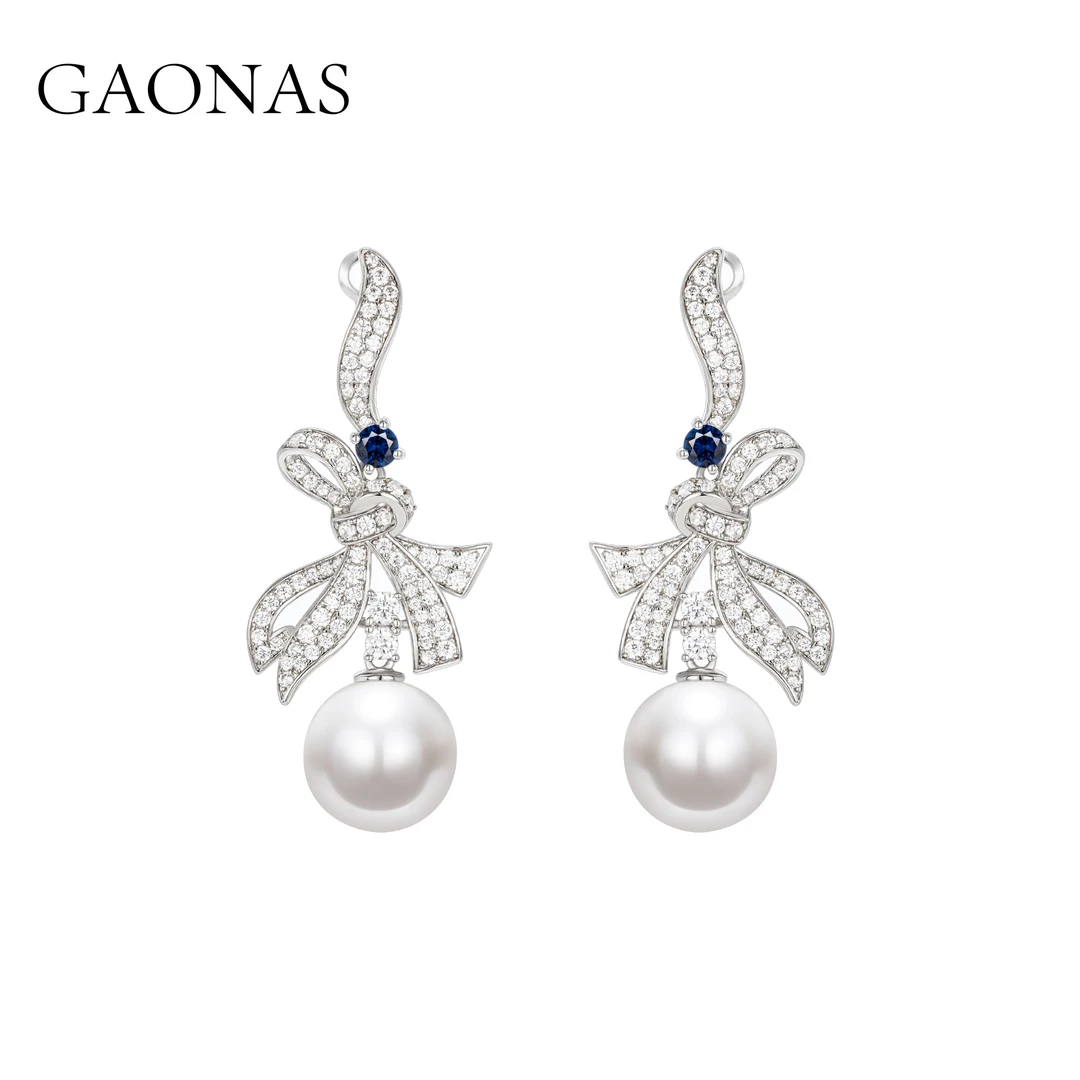 GAONAS 925银仿珍珠耳饰 高纳仕 时尚蓝色蝴蝶结珠耳环 BE21966