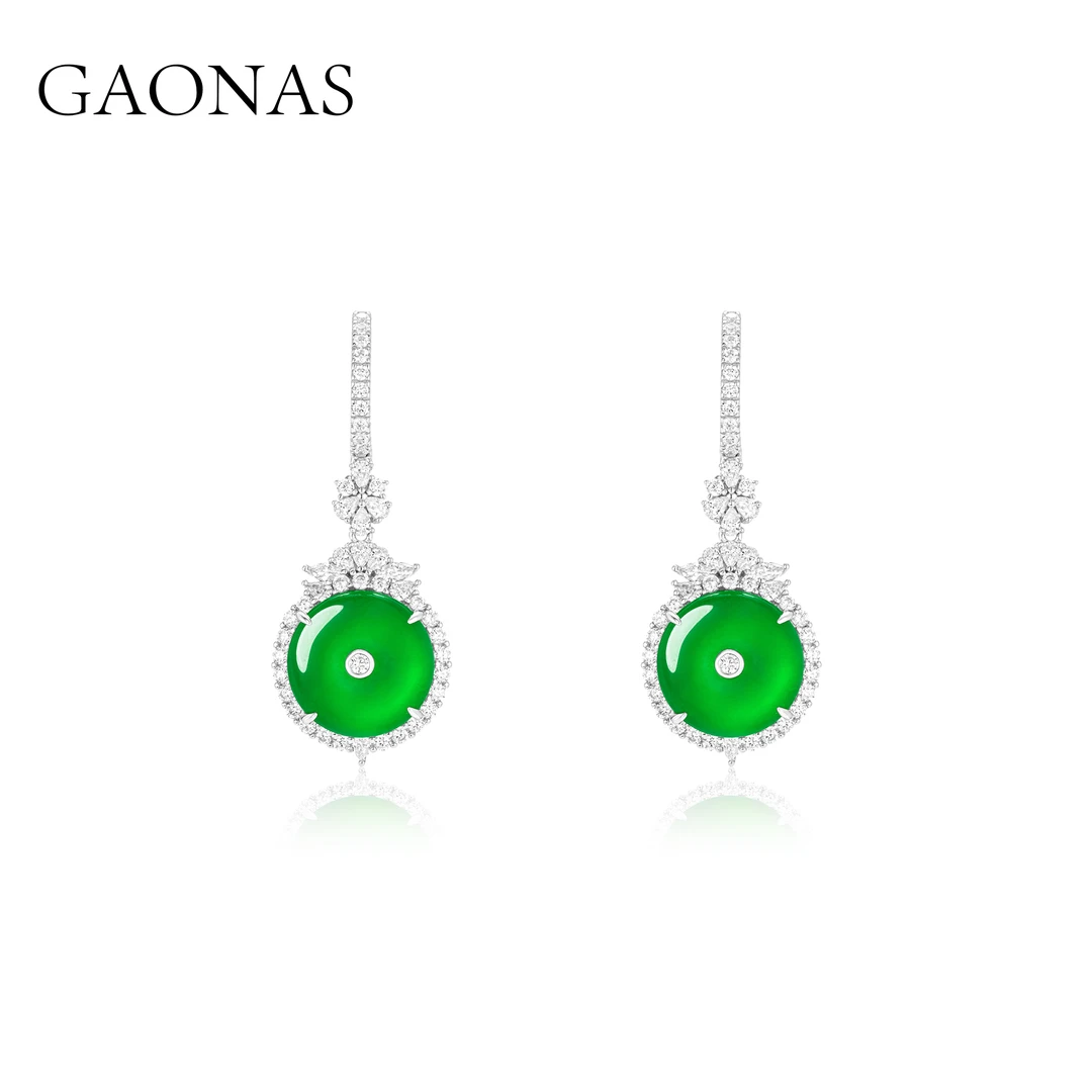 GAONAS 925银合成锆石耳饰 如鸣佩环  国风绿色平安扣耳环10369EG