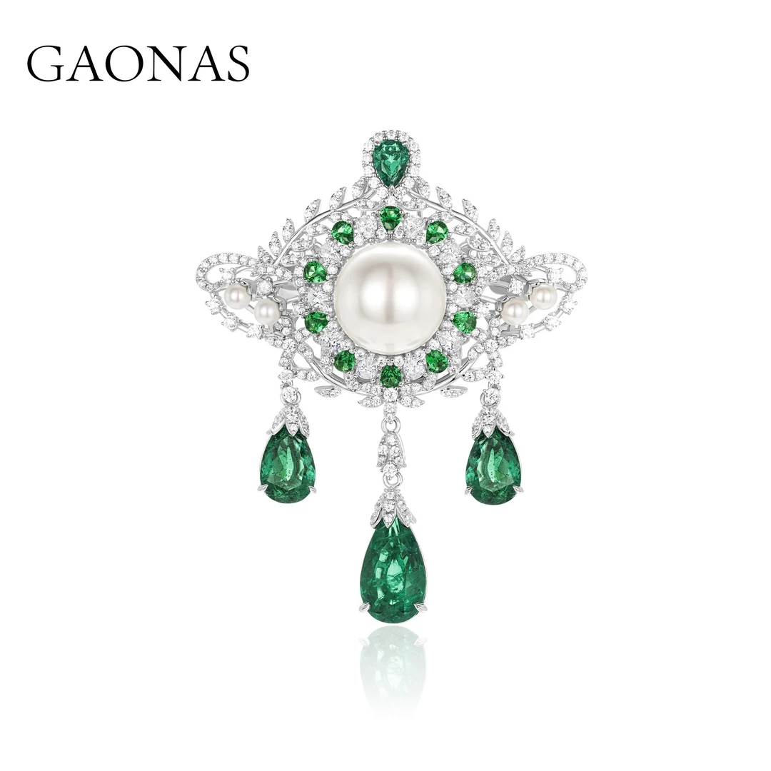 GAONAS 925银仿珍珠胸针 高纳仕 设计师复古绿色珠胸针GZ123866