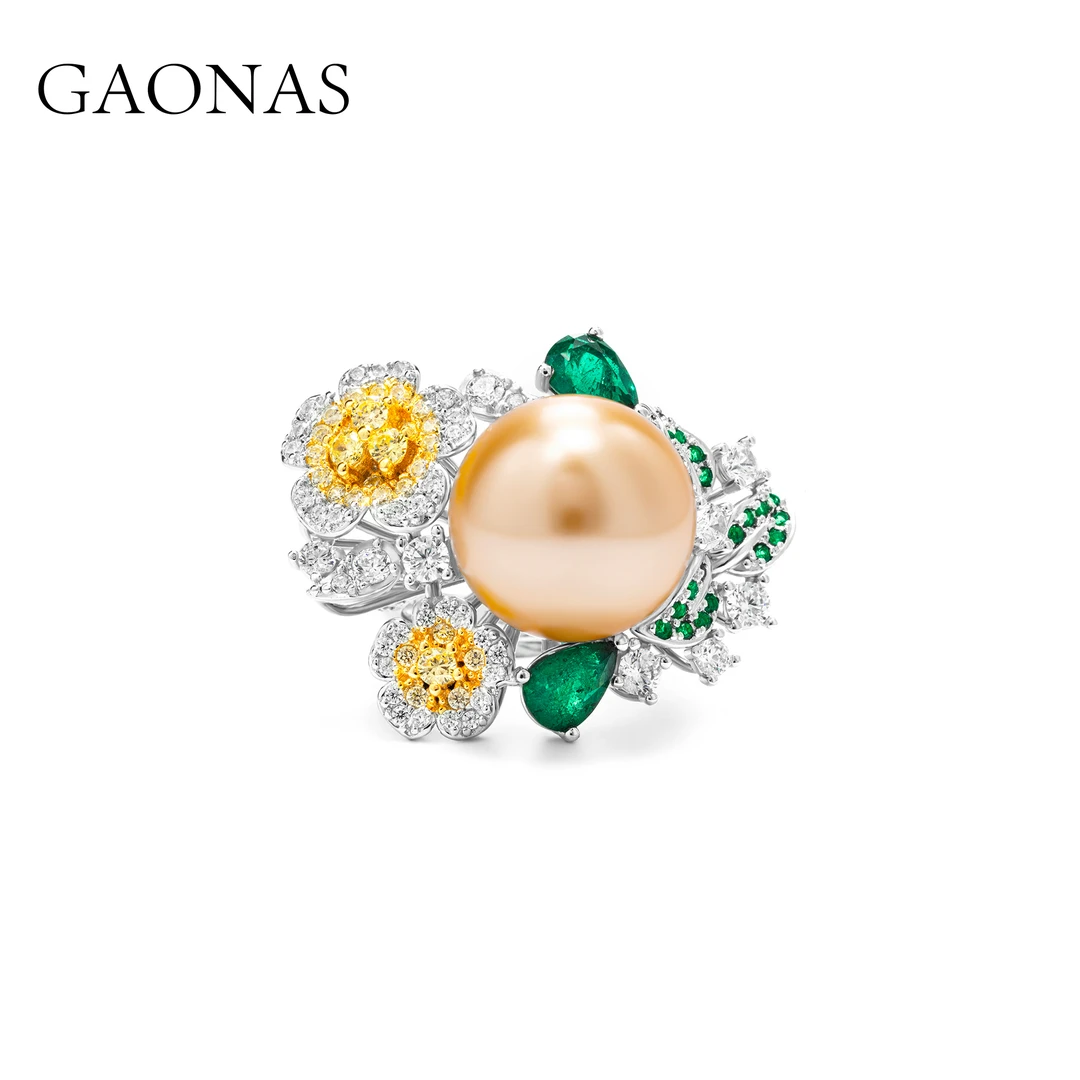 GAONAS 925银仿珍珠戒指 高纳仕 春意盎然豪镶金色珠戒指 ZYJ1960
