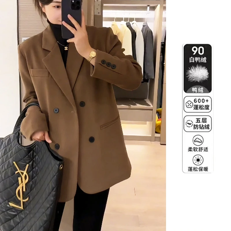 【黑金绚澜】白鸭绒夹棉加厚毛呢黑金西装外套高级感羽绒西服大衣女