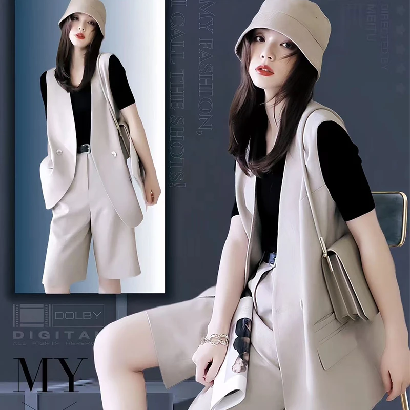 西装马甲套装女夏季新款遮肉显瘦时尚盐系轻熟休闲时尚短裤两件套