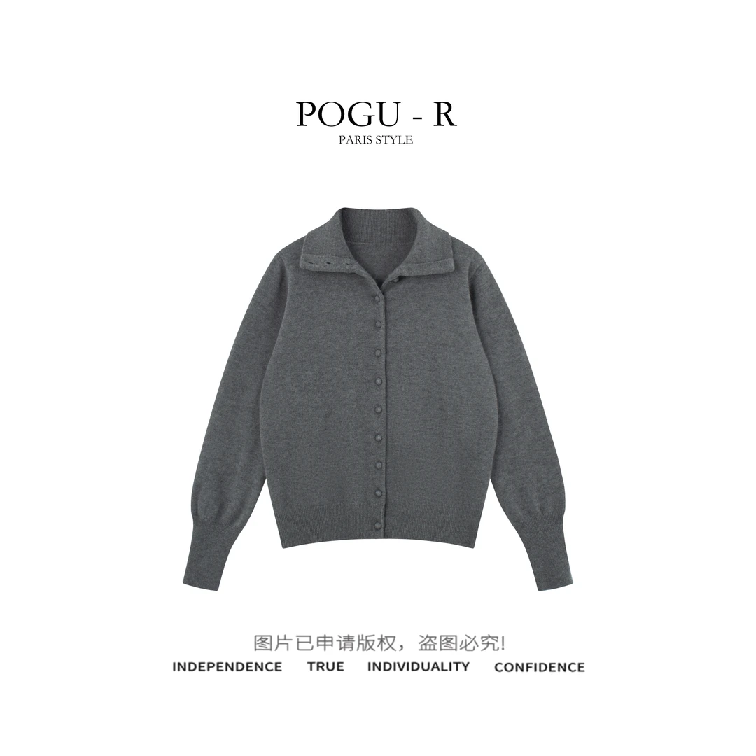POGU-R  2024秋冬新款软糯女针织衫高领别致设计单排扣