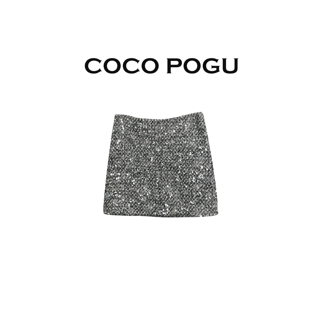 POGU-R 秋冬新品亮片时髦时尚百搭50%羊毛女士半身裙QZ89004