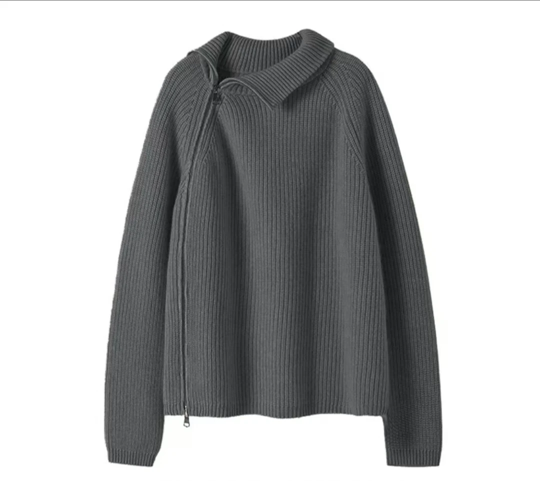 POGU-R2024秋冬新品100%羊毛女针织衫复古设计休闲上衣外套