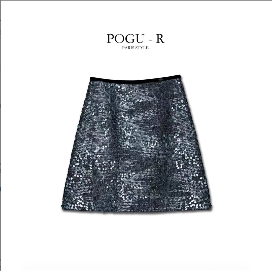 POGU-R  秋冬新款法式A字包臀裙气质百搭显瘦减龄亮片半身裙