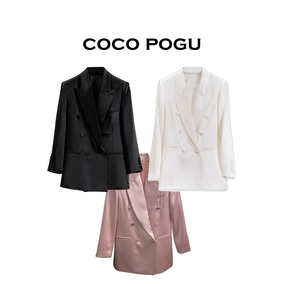 PoGu【千金小姐】轻奢名媛气质醋酸缎面双排扣时尚西装