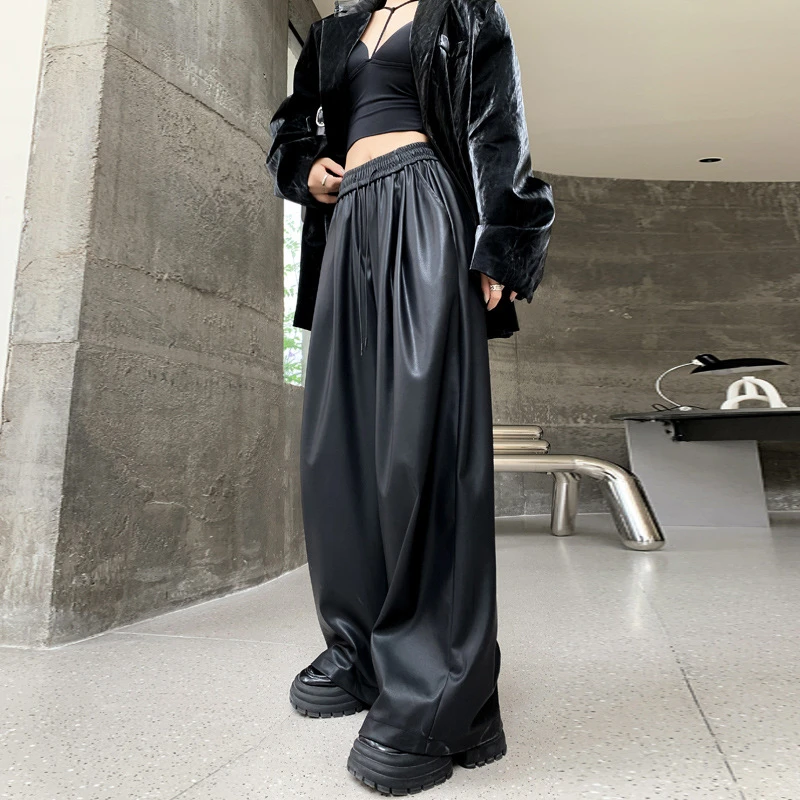 美式潮牌阔腿皮裤女秋冬新款宽松辣妹哑光休闲拖地裤