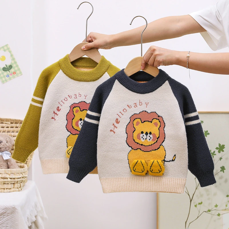 男童圆领毛衣秋冬加厚男童冬季新款韩国绒男孩针织毛衣长袖打底衫