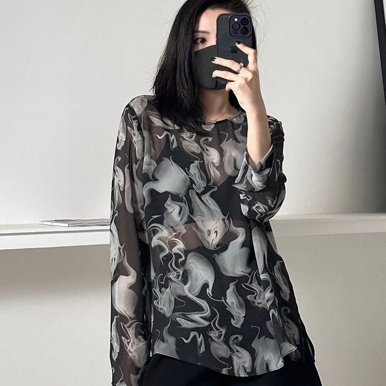2025夏季新款薄款高档网纱透气长袖T恤衫宽松性感雪纺防晒上衣女