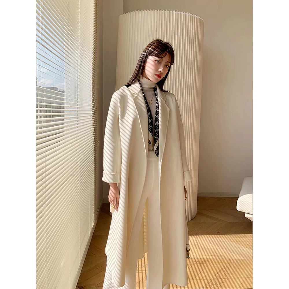 双面羊绒水波纹大衣女秋冬中长款过膝慵懒风系带毛呢外套秋冬季