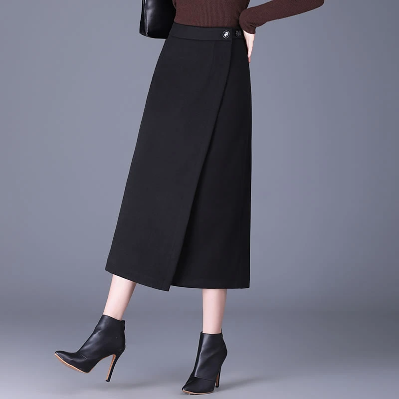 毛呢半身裙女秋冬新款气质长裙一片式别致独特裙子直筒开叉包臀裙