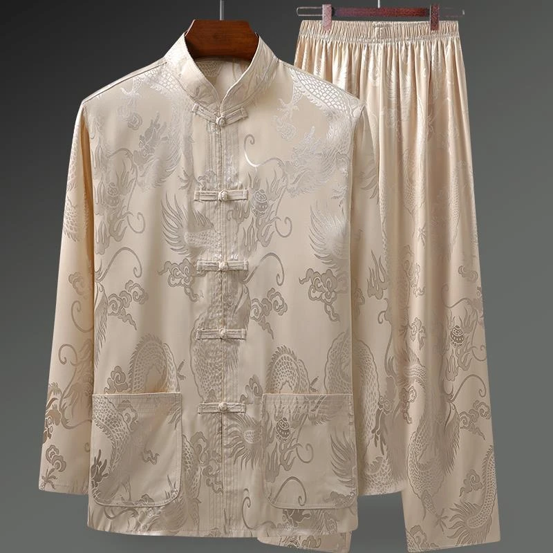 冰丝唐装男长袖薄款中国风春夏装中老年人爸爸衬衫新中式爷爷套装