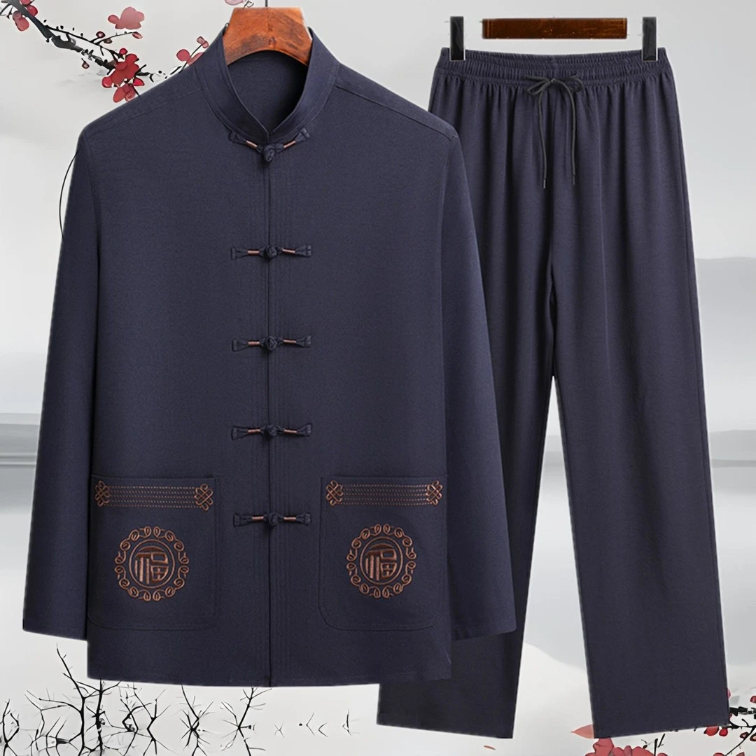 唐装爸爸两件套春秋中老年父亲春装长袖衬衫新中式男装中国风套装