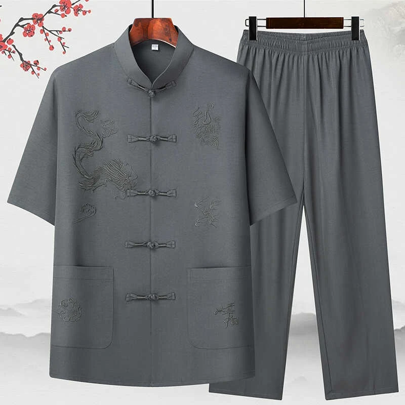 中老年人男盘扣唐装爸爸夏装短袖套装60岁70爷爷薄款休闲冰丝套装