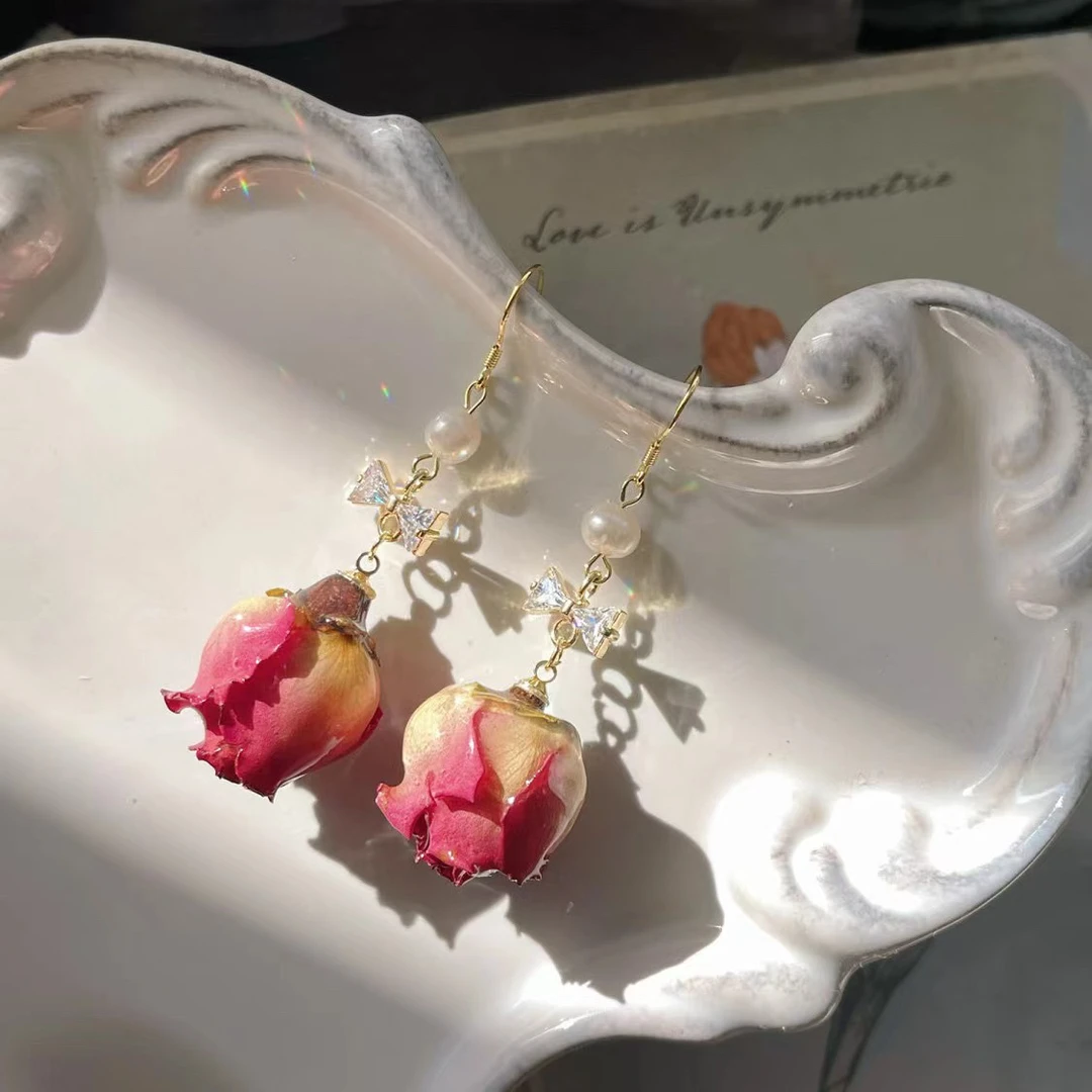 铜合金耳饰 永生花玫瑰真花干花耳环女小众设计感复古手作耳饰品