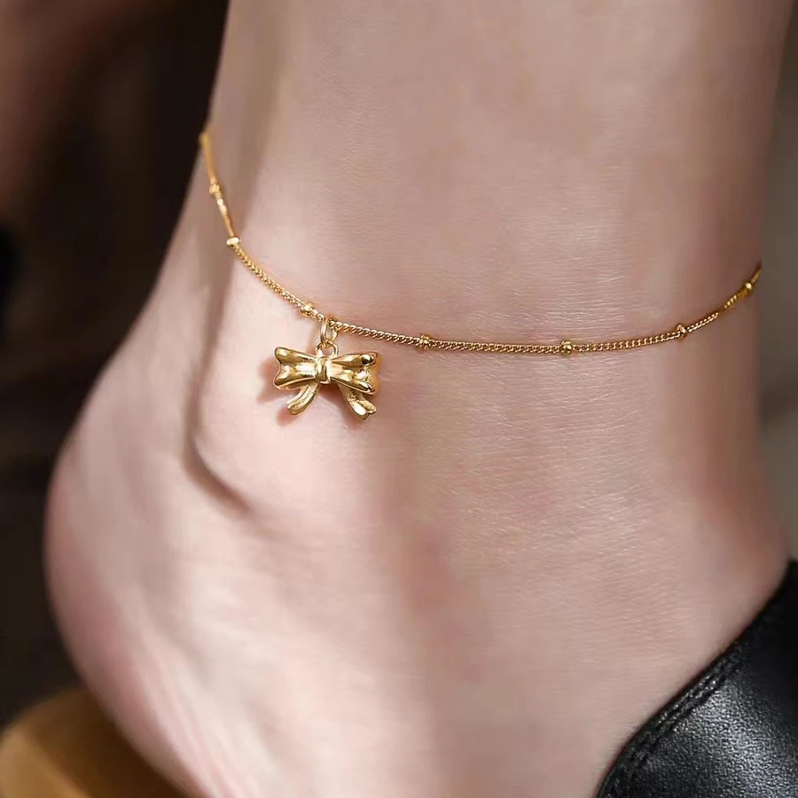 钛钢脚链 精品-金色蝴蝶结在逃公主水滴新款脚链女轻奢高级锁骨链