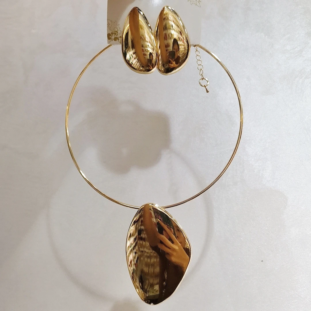 铜项链 精品-金色光面项圈耳环套装不规则菱形耳环锁骨链2025新款