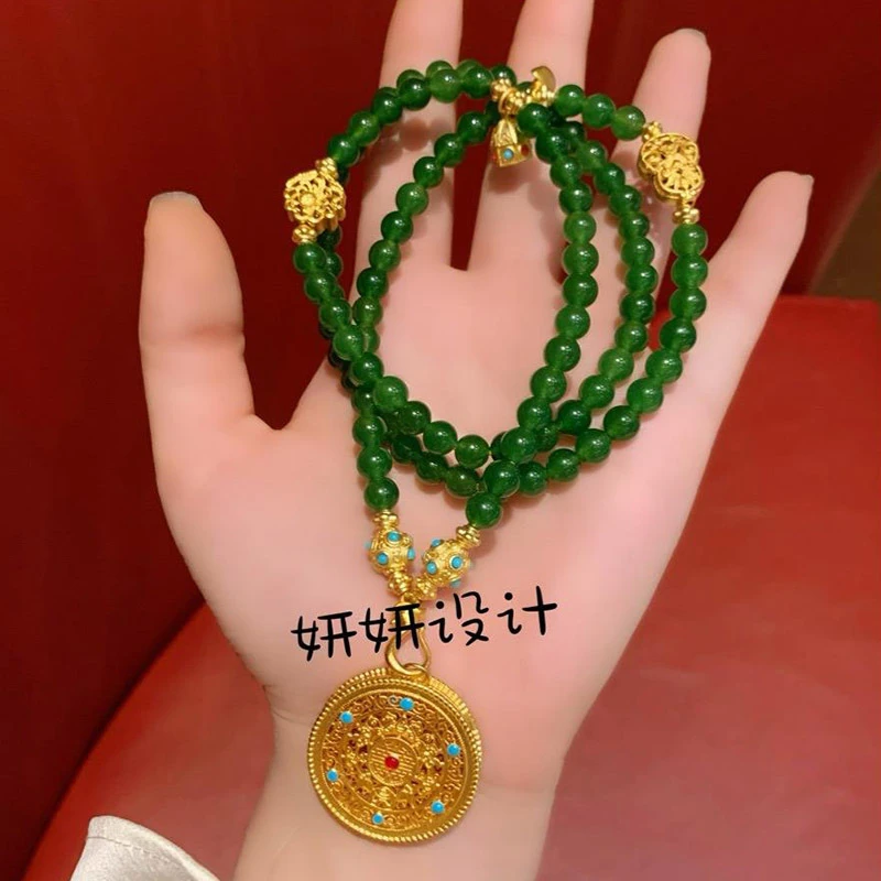 铜合金项链 新中式法式绿圆珠吊牌毛衣链多圈手链如意手串项链女