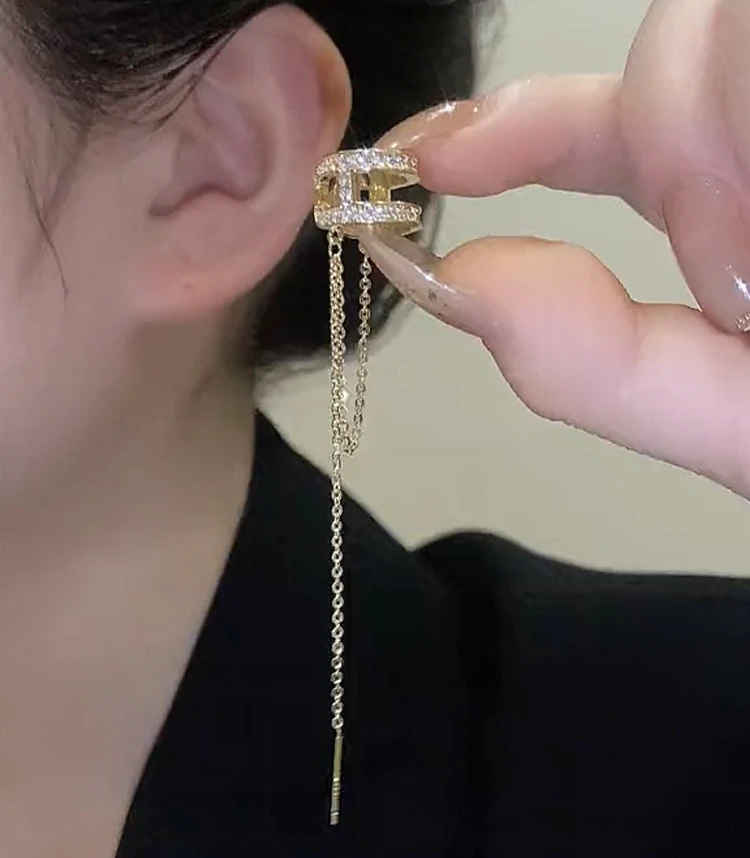 铜合金耳饰 C形双层链条耳环一体式耳线女轻奢高级感个性耳骨夹