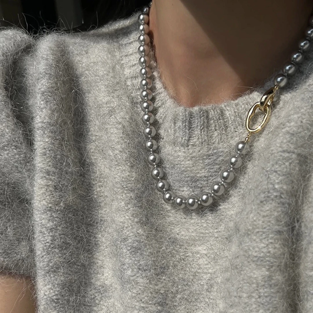 铜合金仿珍珠项链 新款灰色珍珠项链毛衣链气质一款多戴气质百搭