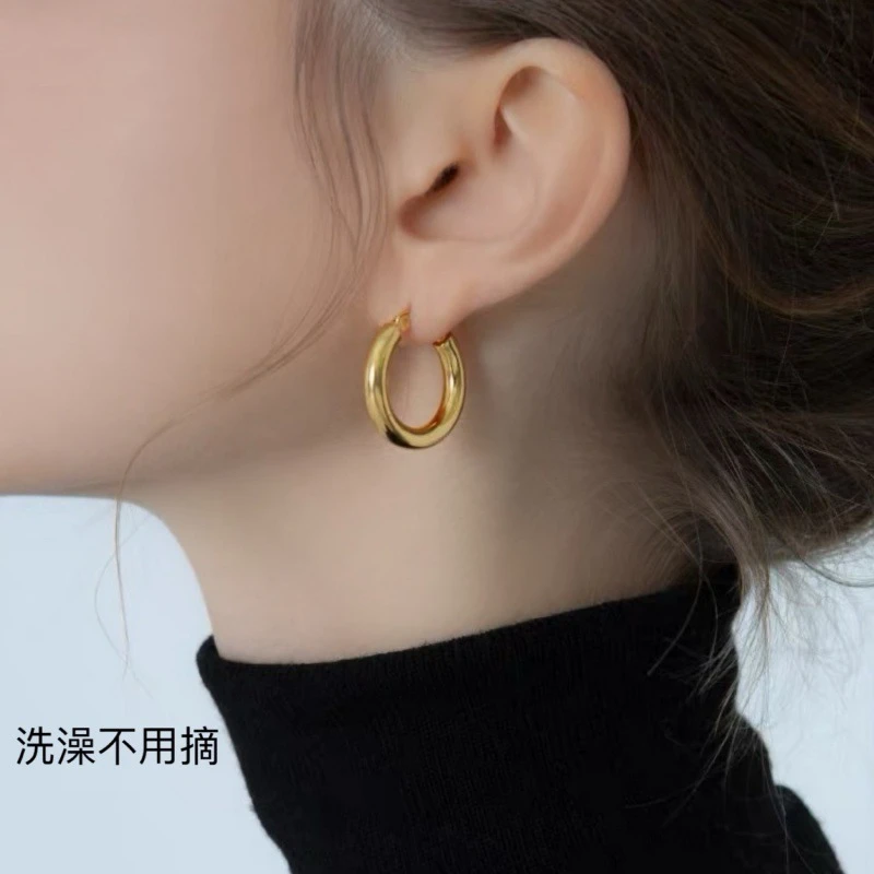新品-高级感耳环防褪色钛钢保色法式优雅圆圈实心粗圆环重工耳圈